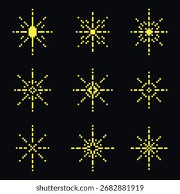 Um conjunto de nove desenhos de arte em pixel amarelo em um fundo escuro. Perfeito para projetos retrô, de 8 bits ou inspirados em videogames, arte digital e design gráfico.