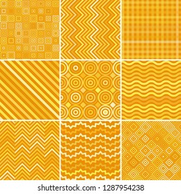 Set with nine yellow seamless abstract geometric pattern, vector illustration