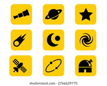 A set of nine yellow square icons representing various celestial bodies and astronomical tools.