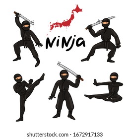 Set Ninja in schwarzem Anzug einzeln auf weißem Hintergrund. Grafiken der Vektorillustration.