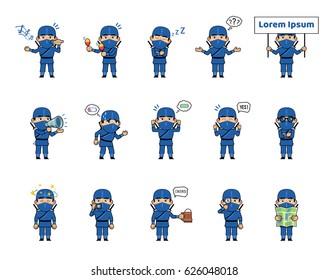 Set of ninja characters in blue outfit showing various actions, emotions. Funny ninja celebrating, holding map, magnifier, dazed, sleepy, thinking and doing other actions. Simple vector illustration