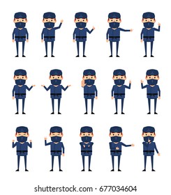 Set of ninja characters in dark suit showing various hand gestures. Funny ninja pointing, greeting, showing thumb up, victory hand and other gestures. Simple vector illustration