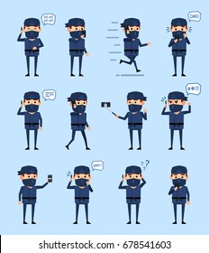Set of ninja characters with phone showing various actions. Funny ninja talking on phone, running, walking and showing other actions. Simple vector illustration