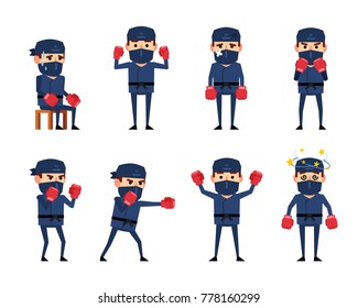 Set of ninja characters posing with boxing gloves. Funny ninja attacking, hitting, dazed, tired, celebrating victory and showing other actions. Flat style vector illustration