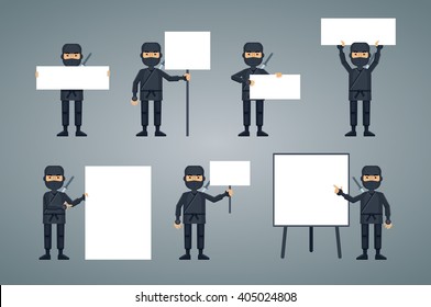 Set of ninja characters posing with different blank banners. Cheerful ninja with paper, poster, placard, pointing to whiteboard, teach, advertise, promote. Flat style vector illustration