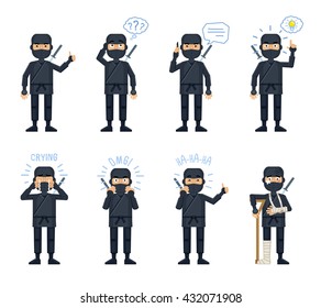 Set of ninja characters posing in different situations. Cheerful ninja talking on phone, thinking, surprised, laughing, crying, pointing up, injured. Flat style vector illustration