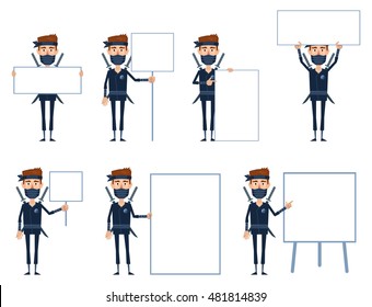 Set of ninja characters posing with different blank banners. Cheerful ninja with poster, paper, placard, pointing to whiteboard, teach, promote, advertise. Flat style vector illustration
