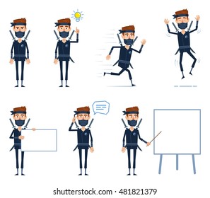 Set of ninja characters posing in different situations. Cheerful ninja standing, pointing to idea light bulb, running, jumping, talking to phone, teaching, holding blank banner. Vector illustration