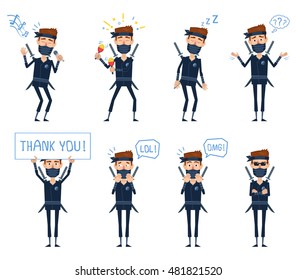 Set of ninja characters posing in different situations. Cheerful ninja singing, dancing, sleeping, thinking, laughing, surprised, serious, holding thank you banner. Vector illustration