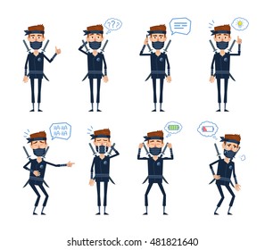 Set of ninja characters posing in different situations. Cheerful ninja standing, thinking, talking to phone, pointing, laughing, crying, tired, full of energy. Vector illustration