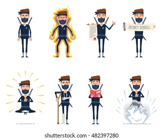 Set of ninja characters posing in different situations. Cheerful ninja standing, holding scroll, meditating, reading a book, injured, in rage, using secret technique. Flat style vector illustration