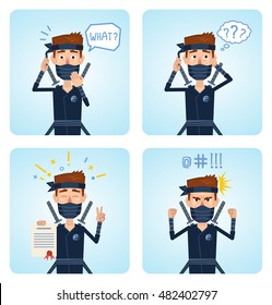 Set of ninja characters posing in different situations. Cheerful ninja talking to mobile phone, thinking, surprised, angry holding document. Flat style vector illustration