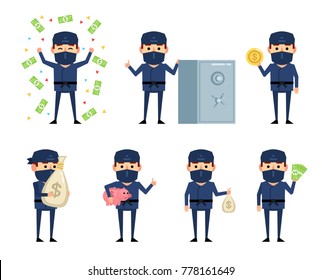 Set of ninja characters posing with money. Funny ninja holding money, coin, piggy bank and showing other actions. Flat style vector illustration