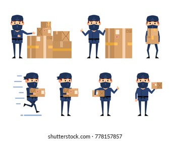 Set of ninja characters posing with parcel box. Funny ninja holding package, running, pointing to boxes and showing other actions. Flat style vector illustration