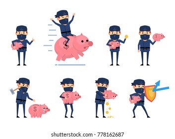 Set of ninja characters posing with piggy bank. Funny ninja holding piggy bank, saving money, riding big pig and showing other actions. Flat style vector illustration