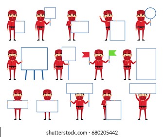 Set of ninja characters in red suit posing with various blank signboards. Funny ninja holding banner, paper, placard, pointing to whiteboard. Simple vector illustration