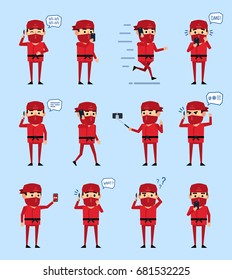 Set of ninja characters in red suit with phone showing various actions. Funny ninja talking on phone, running, walking and showing other actions. Simple vector illustration