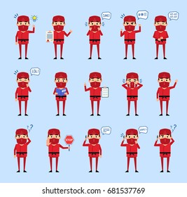 Set of ninja characters in red suit showing various actions and emotions. Funny ninja laughing, talking on phone, surprised and showing other actions. Simple vector illustration