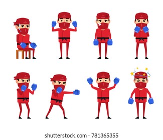 Set of ninja characters in red suit posing with boxing gloves. Funny ninja attacking, hitting, dazed, tired, celebrating victory and showing other actions. Flat vector illustration