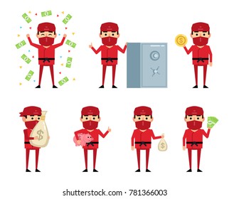 Set of ninja characters in red suit posing with money. Funny ninja holding money, coin, piggy bank and showing other actions. Flat vector illustration