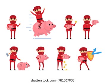 Set of ninja characters in red suit posing with piggy bank. Funny ninja holding piggy bank, saving money, riding big pig and showing other actions. Flat vector illustration