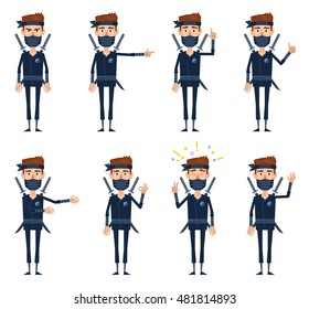 Set of ninja characters showing different hand gestures. Cheerful ninja standing, showing thumb up, victory hand, pointing, this way, greeting. Vector illustration.