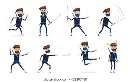 Conjunto de caracteres ninja que muestran diferentes acciones. ninja alegre corriendo, mostrando el signo silencioso, atacando, moviendo, saltando, pateando, lanzando estrella. Ilustración vectorial de estilo simple