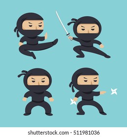 Set of ninja characters showing different actions. Serious ninja with sword running, attacking, throwing star, jumping, kicking, hitting. Flat style vector illustration.
