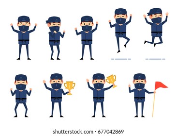 Set of ninja characters showing various success poses and actions. Funny ninja jumping, celebrating, holding winners cup and showing other actions. Simple vector illustration