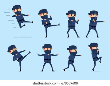Set of ninja characters showing various fight actions. Ninja punching, kicking, jumping and showing other actions. Simple vector illustration