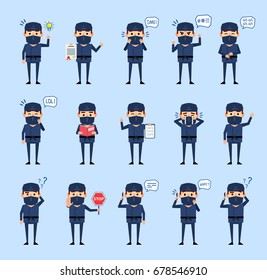 Set of ninja characters showing various actions, emotions. Funny ninja talking on phone, angry, holding stop sign, reading book and showing other actions. Simple vector illustration