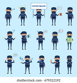 Set of ninja characters showing various actions, emotions. Funny ninja sleeping, dazed, holding loudspeaker, signboard, map and showing other actions. Simple vector illustration