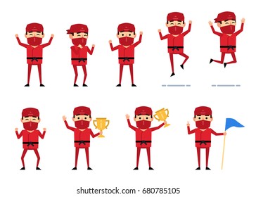 Set of ninja characters showing various success actions. Funny ninja holding winners cup, jumping, celebrating and showing other actions. Simple vector illustration
