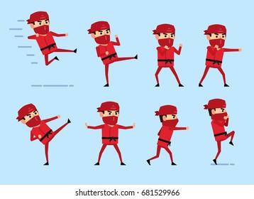 Set of ninja characters showing various combat actions. Ninja kicking, jumping, hitting and showing other actions. Simple vector illustration