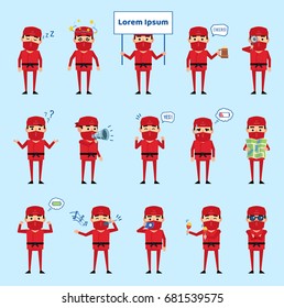 Set of ninja characters showing various actions and emotions. Funny ninja sleeping, dazed, holding map, loudspeaker and showing other actions. Simple vector illustration