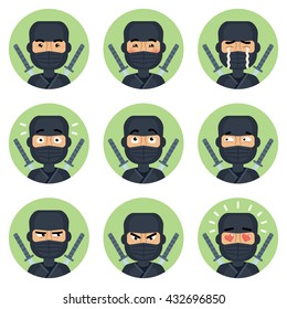 Set of ninja emoticons. Ninja avatars showing different emotions. Happy, smile, sad, cry, angry, love, surprised, upset, laugh and other facial expressions. Flat style vector illustration