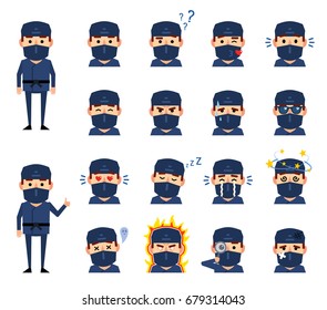 Set of ninja emoticons showing various facial expressions. Happy, sad, angry, dazed, in love, surprised, sleepy and other emotions. Simple vector illustration