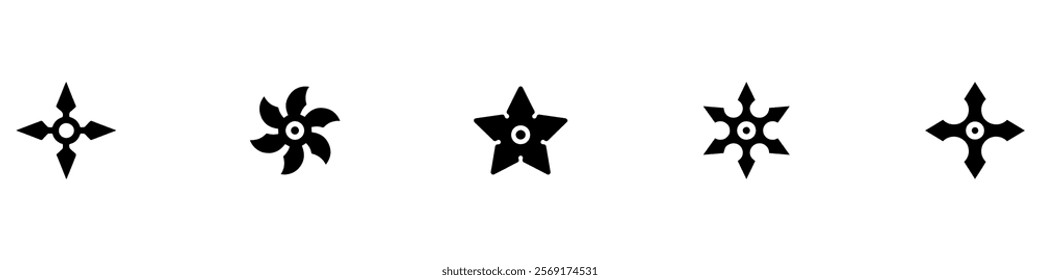 Set of ninja stars icons, Black vector silhouettes isolated on white background. EPS 10