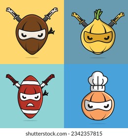 Set of ninja vegetables and ninja sports balls vector illustration. Collection of coconut, onion and rugby ball design concept.