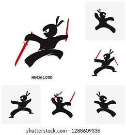 Set of Ninja Warrior logo Design Vector Template. Silhouette of japanese fighter. - Vector