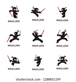 Set of Ninja Warrior logo Design Vector Template. Silhouette of japanese fighter. - Vector
