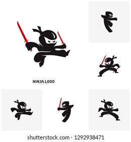 Set of Ninja Warrior logo Design Vector Template. Silhouette of japanese fighter. - Vector