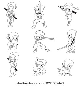 conjunto de ninjas en diferentes poses   ilustración vectorial de dibujos animados aislada en fondo blanco.Páginas de libros en blanco y negro.contorno.colorear