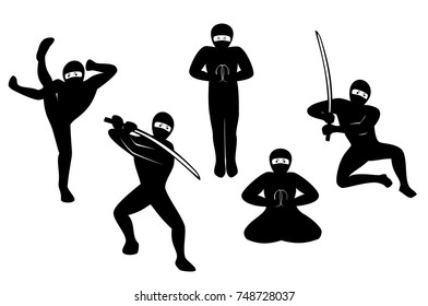 Set of ninjas in various poses on white background. EPS10 vector illustration