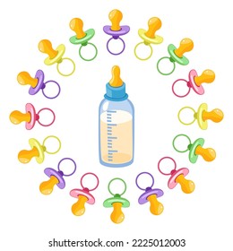 Set of nipples around milk bottle in pattern of circle shape. Vector illustrations of baby pacifiers in different colors. Cartoon plastic dummy for infant child isolated on white. Childcare, concept