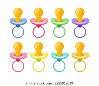 Conjunto de pezones. Ilustraciones vectoriales de maniquí bebé en diferentes colores. Caricatura sosegada con silicona o goma de pacificador y anillo de plástico aislado en blanco. Equipo de enfermería para el concepto de recién nacido