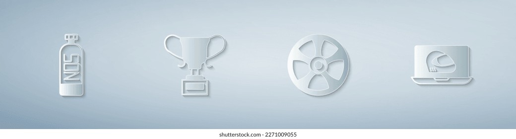 Set Nitrous oxide, Award cup, Alloy wheel for car and Racing helmet. Paper art style. Vector