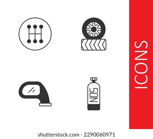 Set Nitrous oxide, Gear shifter, Car mirror and tire wheel icon. Vector