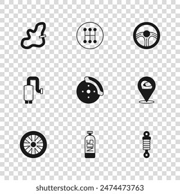 Set Nitrous oxide, Racing helmet, Shock absorber, Car brake disk with caliper, steering wheel, track, Gear shifter and muffler icon. Vector