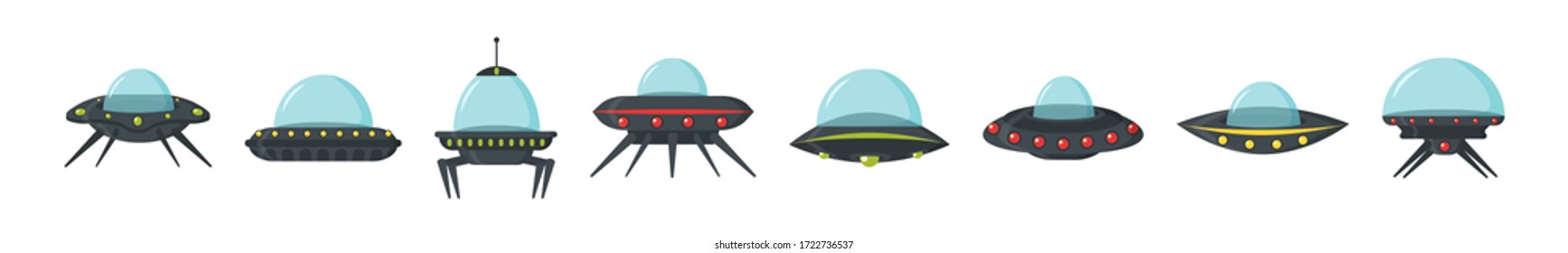 Set of NLO in cartoon style. UFO set, alien spaceships, flat style. Color set of alien circle plates for the game UI. Spaceship in the form of a plate for transportation. Vector illustration.